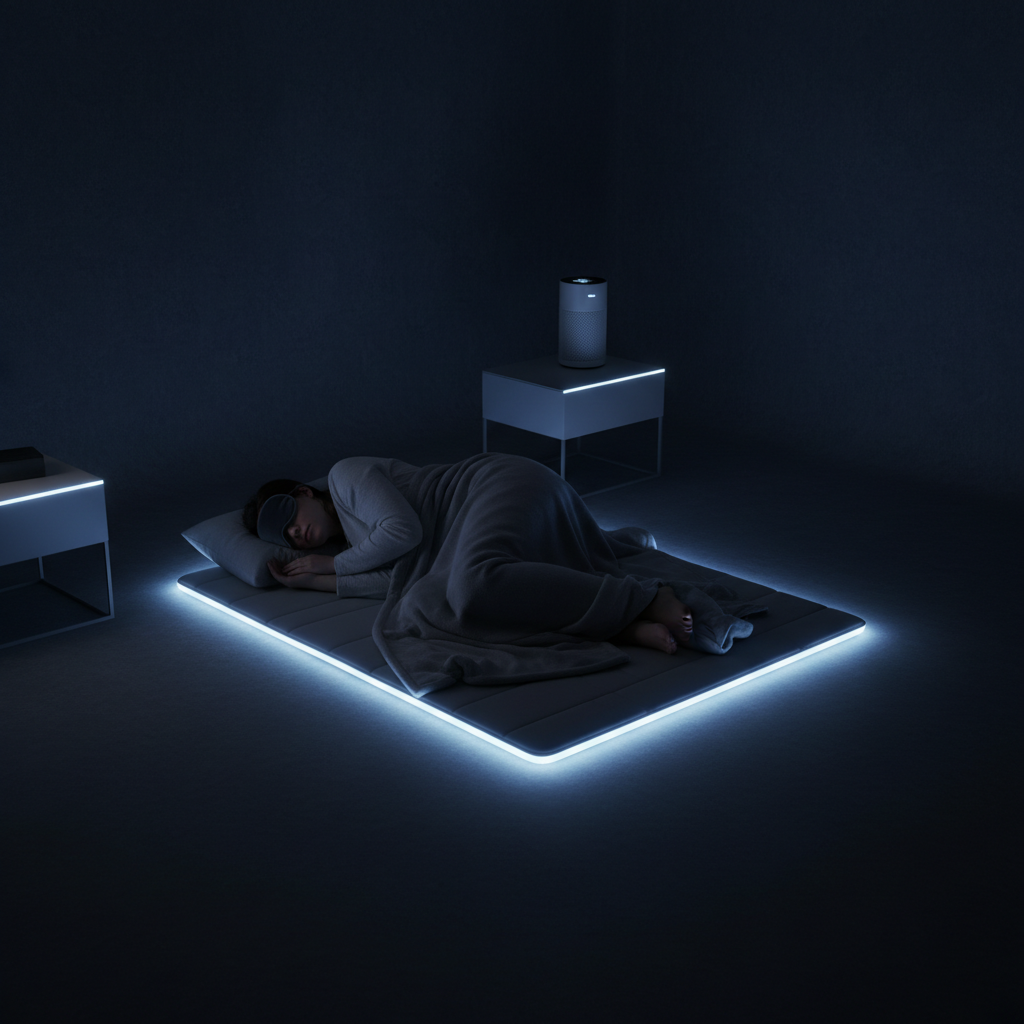 Person resting on a PEMF therapy mat in a calm sleep environment